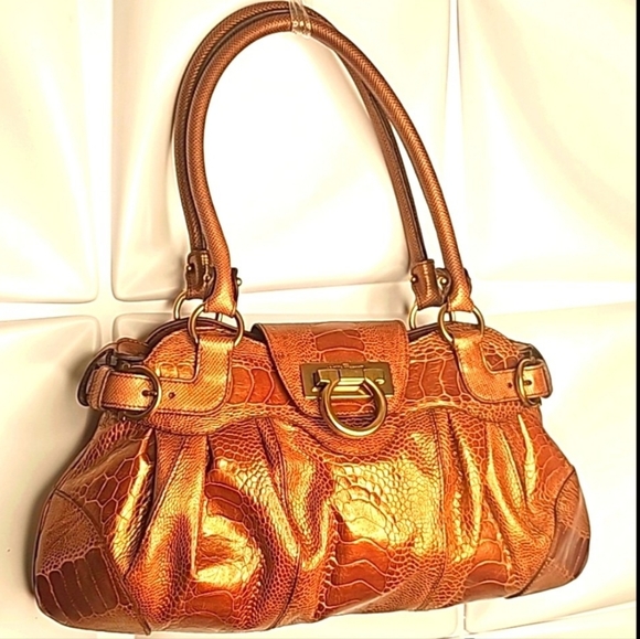 SALVADOR FERRAGAMO OSTRICH HAND BAG BROWN LEATHER - Picture 16 of 16